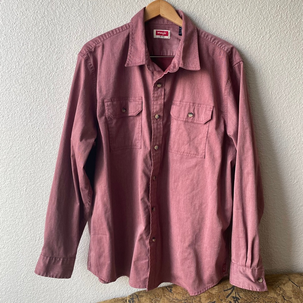Wrangler Mens Size XL Long Sleeve Button Down Shirt Rose Burgundy Twill Workwear